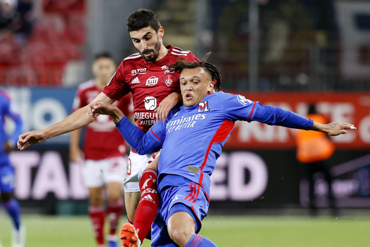 19 Diego MOREIRA (ol) - 20 Pierre LEES MELOU (sb29) during the Ligue 1 Uber Eats match between Stade Brestois 29 and Olympique Lyonnais at Stade Francis-Le Ble on September 23, 2023 in Brest, France. (Photo by Loic Baratoux/FEP/Icon Sport)