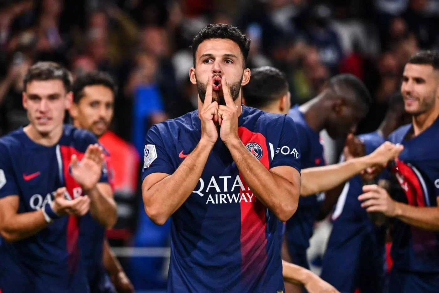 Goncalo RAMOS of PSG celebrates his goal during the Ligue 1 Uber Eats match between Paris Saint-Germain Football Club and Olympique de Marseille at Parc des Princes on September 24, 2023 in Paris, France. (Photo by Anthony Dibon/Icon Sport)