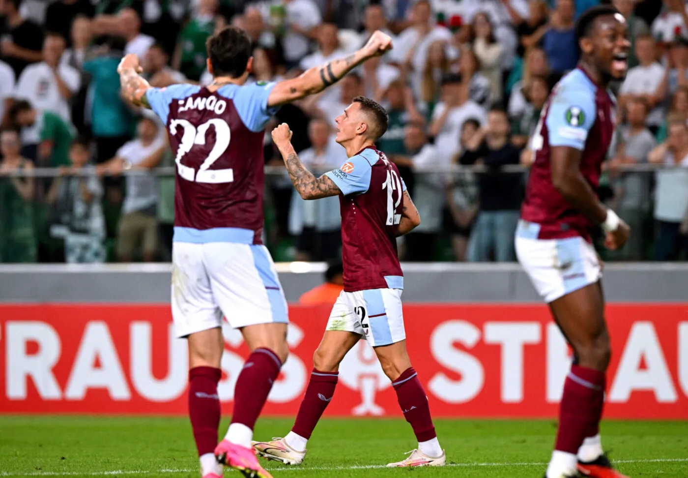 Aston Villa's Lucas Digne celebrates scoring their side's second goal of the game during the UEFA Europa Conference League Group E match at the Stadion Wojska Polskiego, Warsaw. Picture date: Thursday September 21, 2023. - Photo by Icon sport
