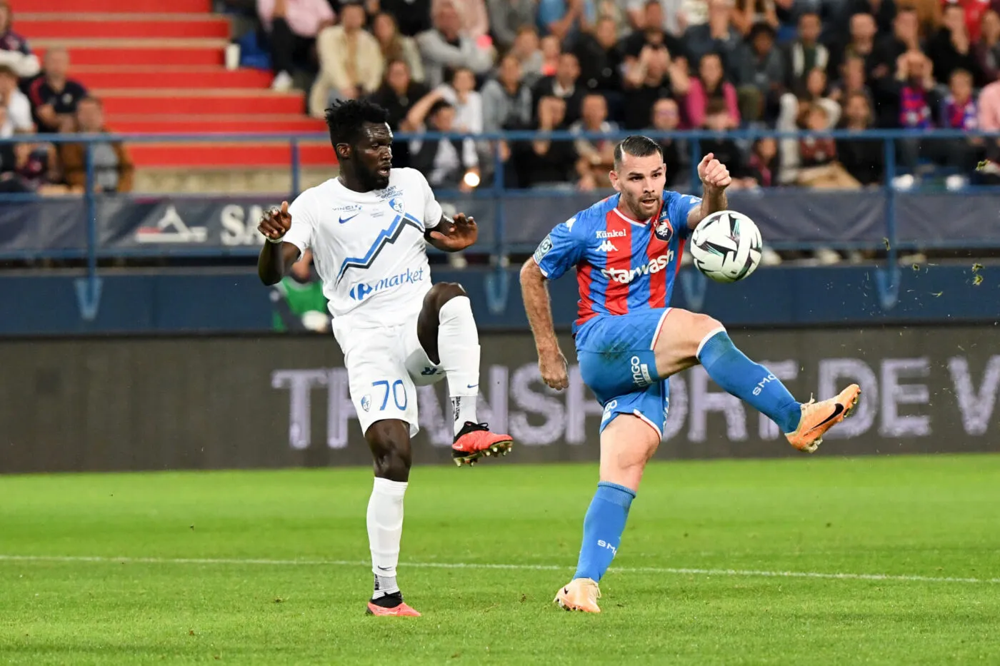 70 Saikou TOURAY (gf38) - 08 Yoann COURT (smc) during the Ligue 2 BKT match between Stade Malherbe Caen v Grenoble Foot 38 at Stade Michel D'Ornano on September 26, 2023 in Caen, France. (Photo by Anthony Bibard/FEP/Icon Sport)