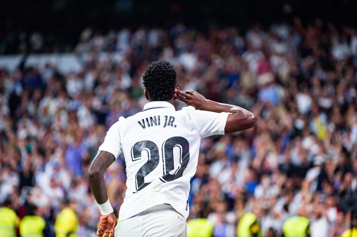 Vinicius Junior (Real Madrid) celebrate his goal during the football match between
Real Madrid and Villareal
valid for the match day 28 of the Spanish first division league ‚ÄúLa Liga‚Äù celebrated in Madrid, Spain at Bernabeu stadium on Saturday 08 April 2023 - Photo by Icon sport