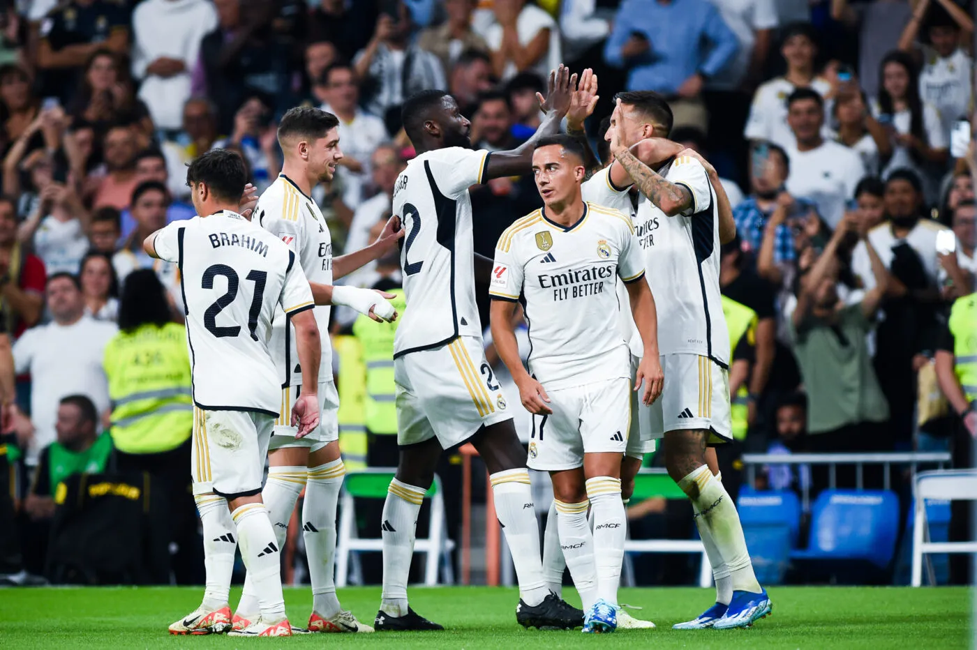 (230928) -- MADRID, Sept. 28, 2023 (Xinhua) -- Players of Real Madrid celebrate a goal during a La Liga football match between Real Madrid and UD Las Palmas in Madrid, Spain, Sept. 27, 2023. (Photo by Gustavo Valiente/Xinhua) - Photo by Icon sport