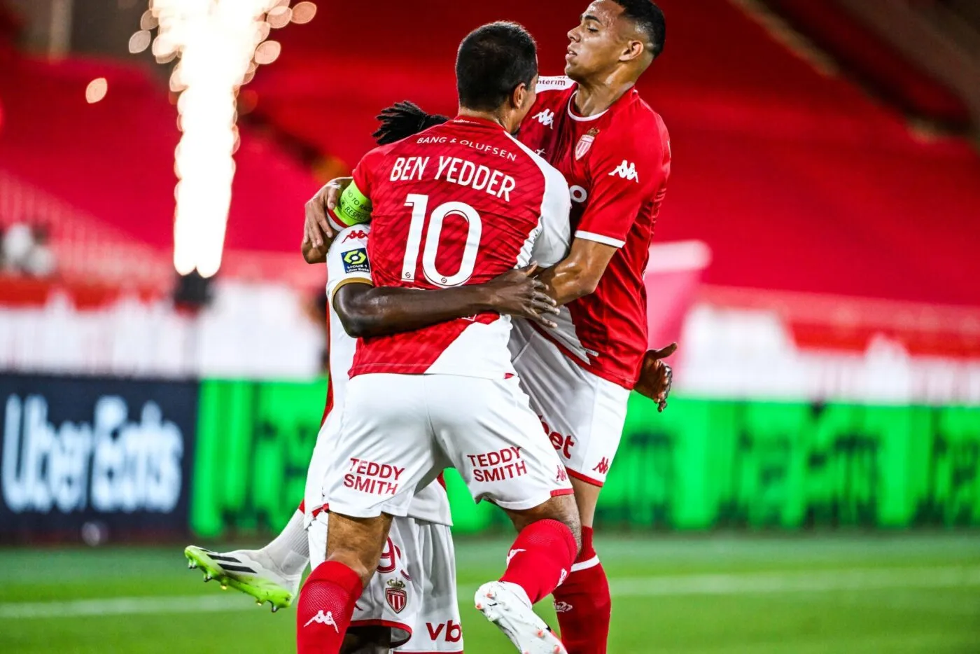 Wilfried SINGO of Monaco celebrates his goal with teammates during the Ligue 1 Uber Eats match between Association Sportive de Monaco Football Club and Racing Club de Lens at Stade Louis II on September 2, 2023 in Monaco, Monaco. (Photo by Pascal Della Zuana/Icon Sport)