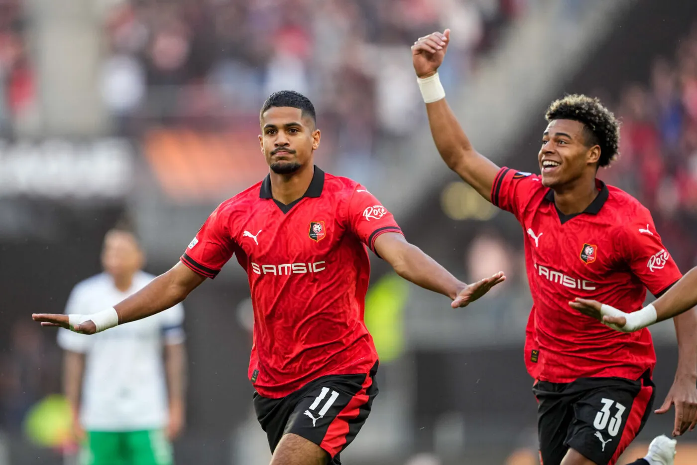 Ludovic BLAS of Stade Rennais celebrate his goal with Desire DOUE of Stade Rennais during the Europa League match between Stade Rennais and Maccabi Haifa at Roazhon Park on September 21, 2023 in Rennes, France. (Photo by Hugo Pfeiffer/Icon Sport)