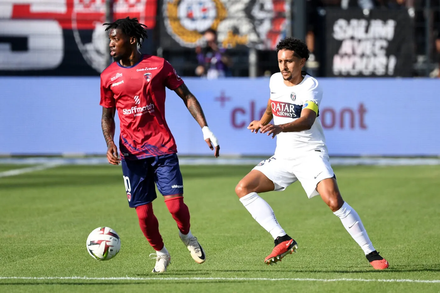 10 Muhammed Cham SARACEVIC (cf63) - 05 MARQUINHOS (psg) during the Ligue 1 Uber Eats match between Clermont Foot 63 and Paris Saint-Germain at Stade Gabriel Montpied on September 30, 2023 in Clermont-Ferrand, France. (Photo by Christophe Saidi/FEP/Icon Sport)
