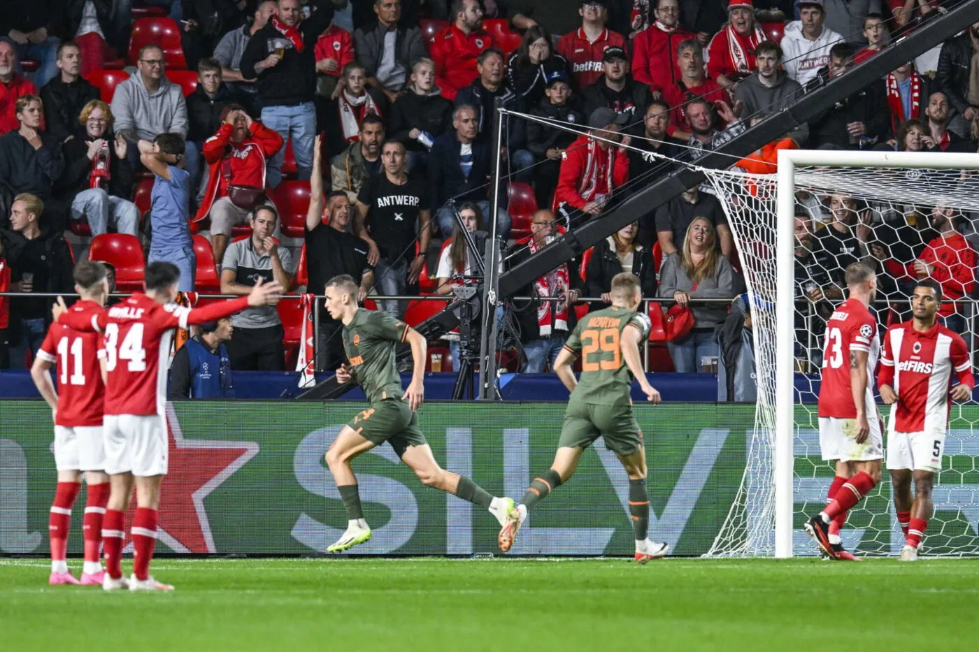 Shakhtar 's Danylo Sikan celebrates after scoring during a soccer game between Belgian soccer team Royal Antwerp FC and Ukrainian club Shakhtar Donetsk, on Wednesday 04 October 2023 in Antwerp, on day two of the Champions League group stage, in the group H. BELGA PHOTO TOM GOYVAERTS - Photo by Icon sport