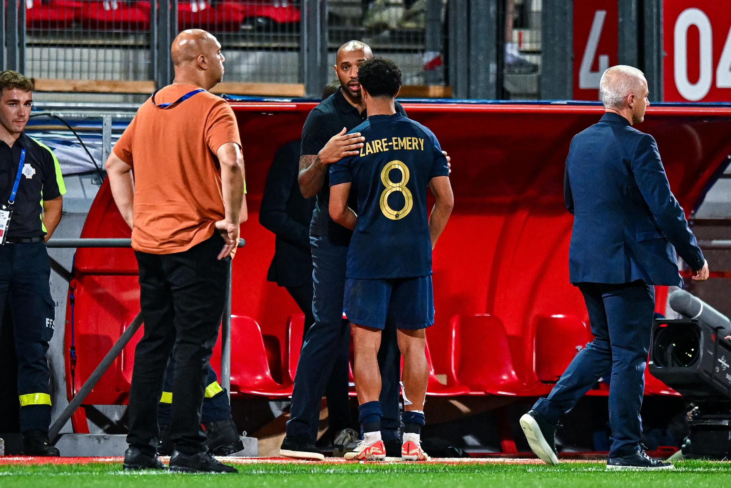 Thierry HENRY head coach of France and Warren ZAIRE EMERY of France during the International Friendly U21 match between France and Denmark at Stade Marcel Picot on September 7, 2023 in Nancy, France. (Photo by Baptiste Fernandez/Icon Sport)
