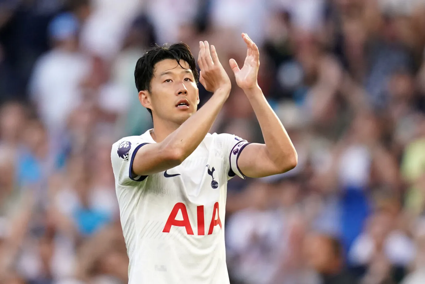 Tottenham Hotspur's Son Heung-min applauds the fans following the Premier League match at the Tottenham Hotspur Stadium, London. Picture date: Saturday August 19, 2023. - Photo by Icon sport