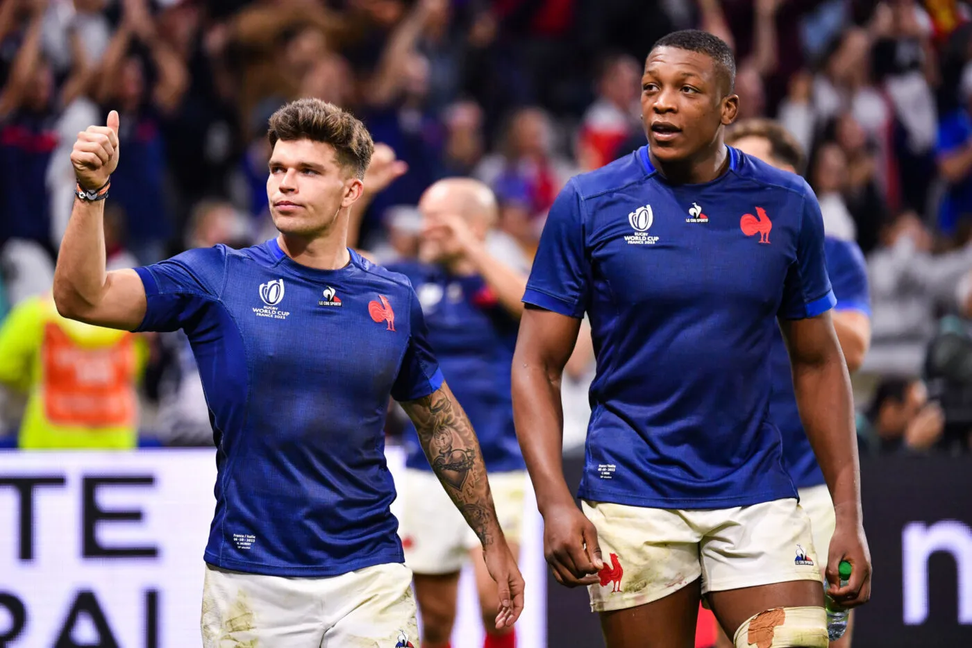 Matthieu JALIBERT of France and Cameron WOKI of France during the 2023 Rugby World Cup Pool A match between France and Italy at Groupama Stadium on October 6, 2023 in Lyon, France. (Photo by Sandra Ruhaut/Icon Sport)