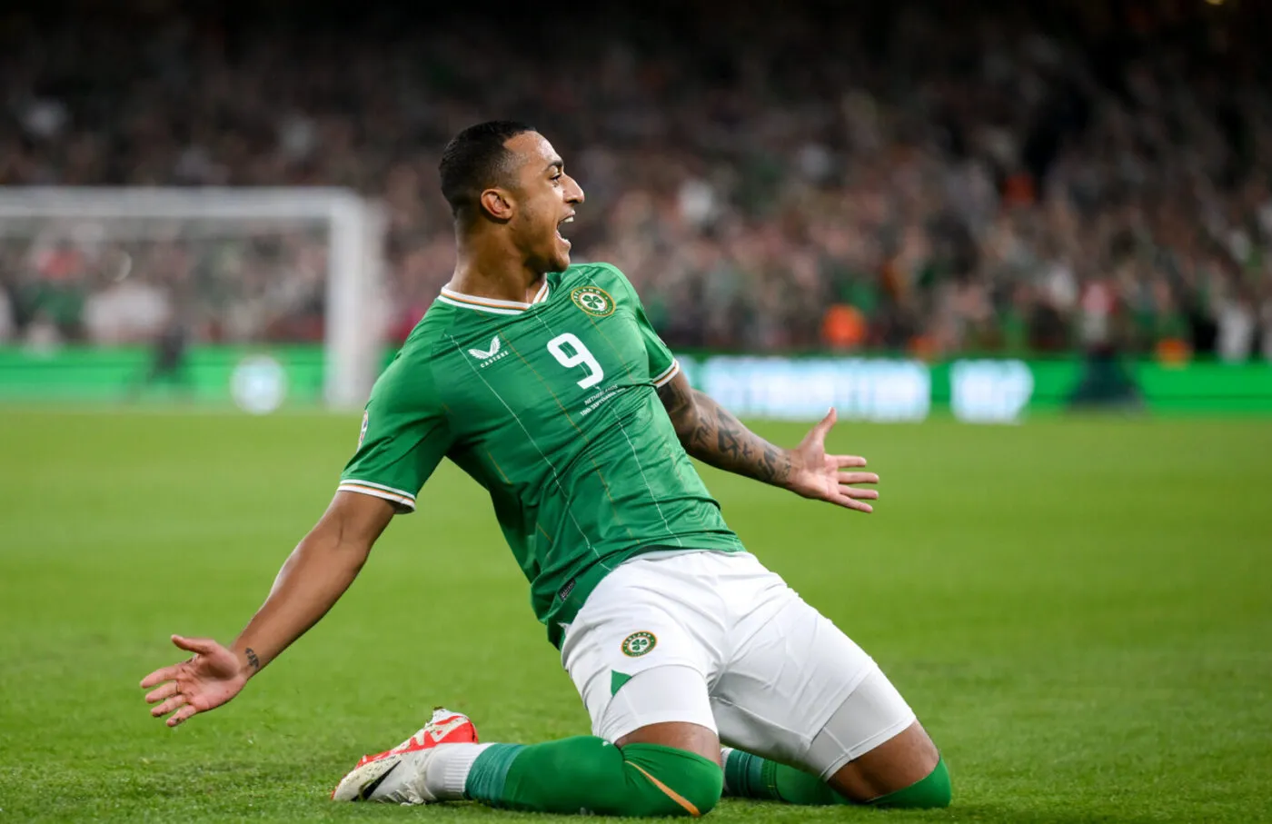 10 September 2023; Adam Idah of Republic of Ireland celebrates after scoring his side's first goal during the UEFA EURO 2024 Championship qualifying group B match between Republic of Ireland and Netherlands at the Aviva Stadium in Dublin. Photo by Stephen McCarthy/Sportsfile Photo by Icon Sport