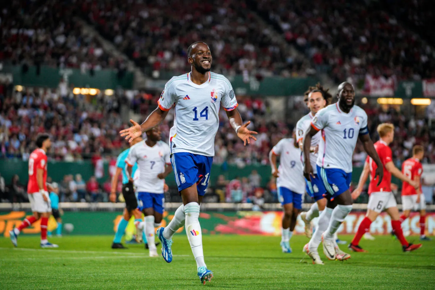 VIENNA,AUSTRIA,13.OCT.23 - SOCCER - European Qualifiers 2024, OEFB international match, Austria vs Belgium. Image shows the rejoicing of Dodi Lukebakio (BEL).