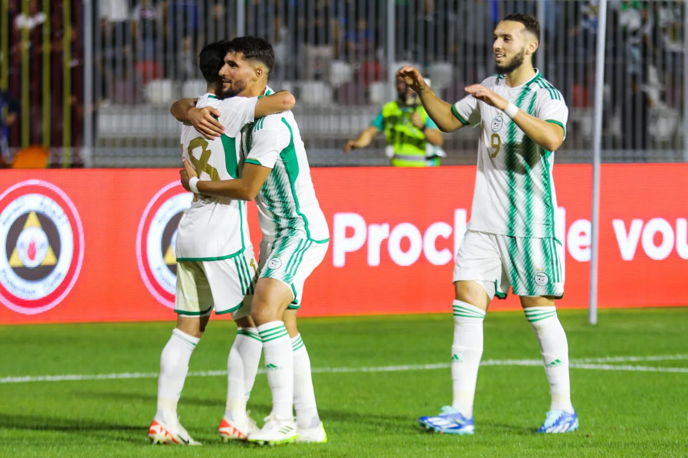 Mohamed El Amine Amoura, Houssem Aouar and Amine Gouiri of Algeria celebrates goal with teammates during the Friendly match between Algeria and Cape Verde held at Mohamed Hamlaoui Stadium in Constantine , Algeria on 12 October 2023 - Photo by Icon sport