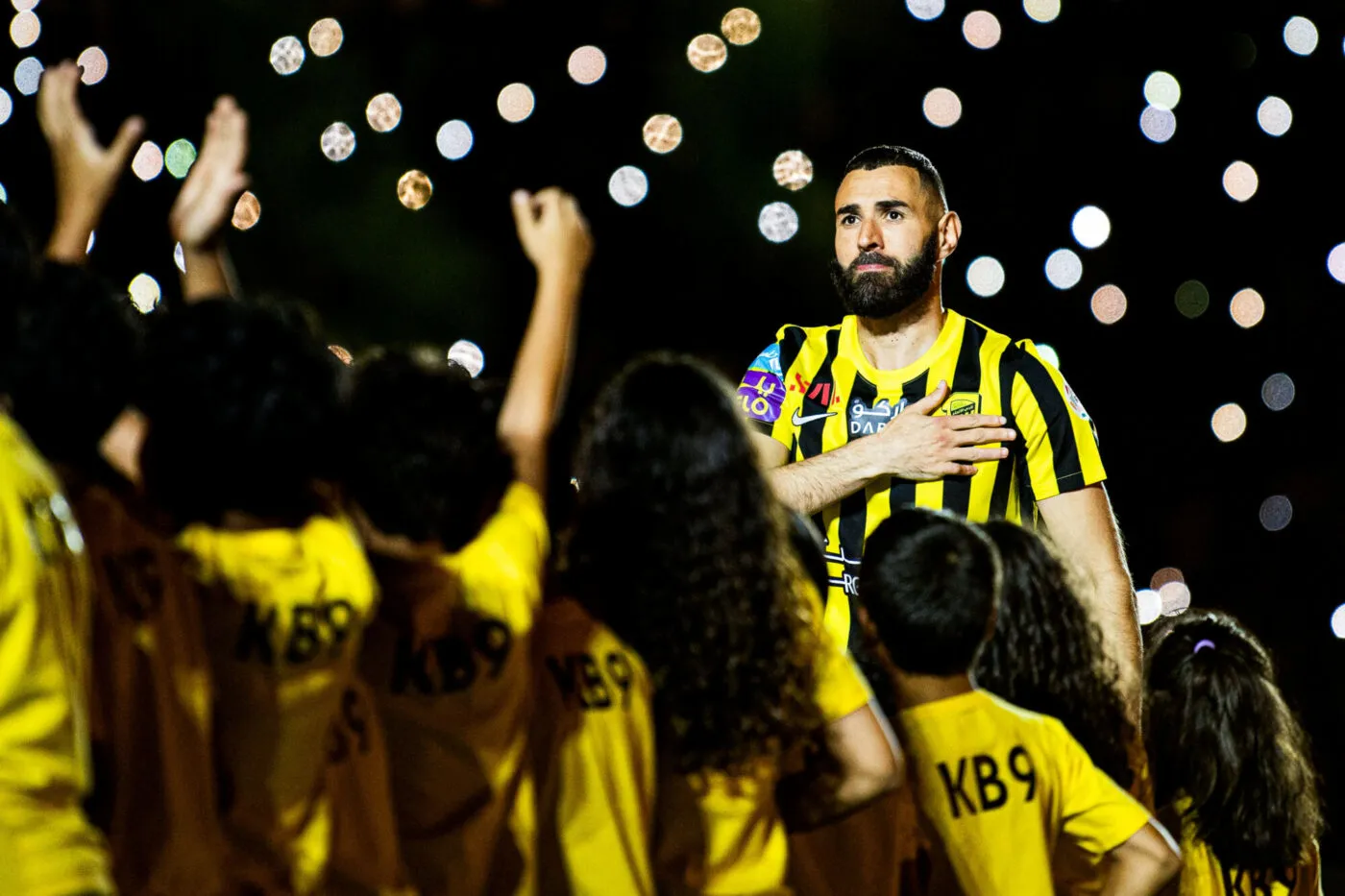 JEDDAH, SAUDI ARABIA - JUNE 08: A ceremony is held for the French football player Karim Benzema at King Abdullah Stadium on June 08, 2023 in Jeddah, Saudi Arabia. 35 year-old French soccer star, Karim Benzema holds a jersey of Al-Ittihad, a Saudi Arabian soccer team in Jeddah. Benzema left Real Madrid and signed a 3 year contract with Al-Ittihad. 