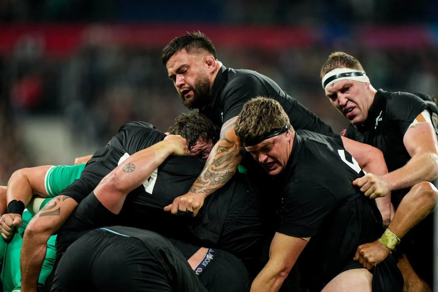 Scott BARRETT of New Zealand All Blacks and Brodie RETALLICK of New Zealand All Blacks  during the Rugby World Cup 2023 quarter final match between Ireland and New Zealand at Stade de France on October 14, 2023 in Paris, France. (Photo by Hugo Pfeiffer/Icon Sport)