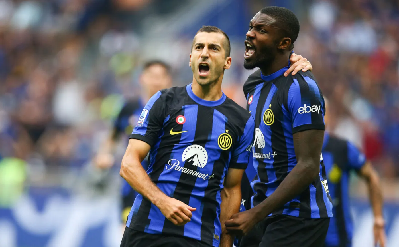 Foto Spada/LaPresse 16 settembre 2023 Milano, Italia - sport, calcio - FC Inter vs Inter - Campionato italiano di calcio Serie A TIM 2023/2024 - Stadio San Siro. Nella foto: esultanza Marcus Thuram (FC Inter); dopo il gol 2-0 con Henrikh MkhitaryanSeptember 16, 2023 Milan, Italy - sport, calcio - FC Inter vs Milan - Serie A Football Championship 2023/2024 - San Siro Stadium. In the pic: Celebrates Marcus Thuram (FC Inter); after goal 2-0 with Henrikh Mkhitaryan - Photo by Icon sport