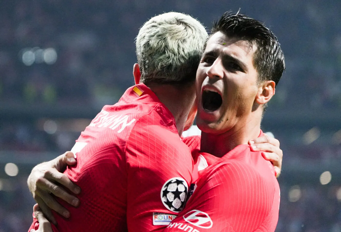 Celebration Goal Álvaro Morata and Antoine Griezmann of Atletico de Madrid during the UEFA Champions League, Group E football match between Atletico de Madrid and Feyenoord on October 4, 2023 at Civitas Metropolitano stadium in Madrid, Spain. Photo by Laurent Lairys/ABACAPRESS.COM - Photo by Icon sport
