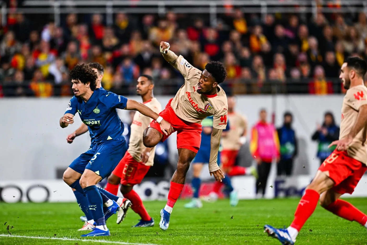 Elye WAHI of Lens during the UEFA Champions League Group B match between Racing Club de Lens and Philips Sport Vereniging at Stade Felix Bollaert on October 24, 2023 in Lens, France. (Photo by Baptiste Fernandez/Icon Sport)
