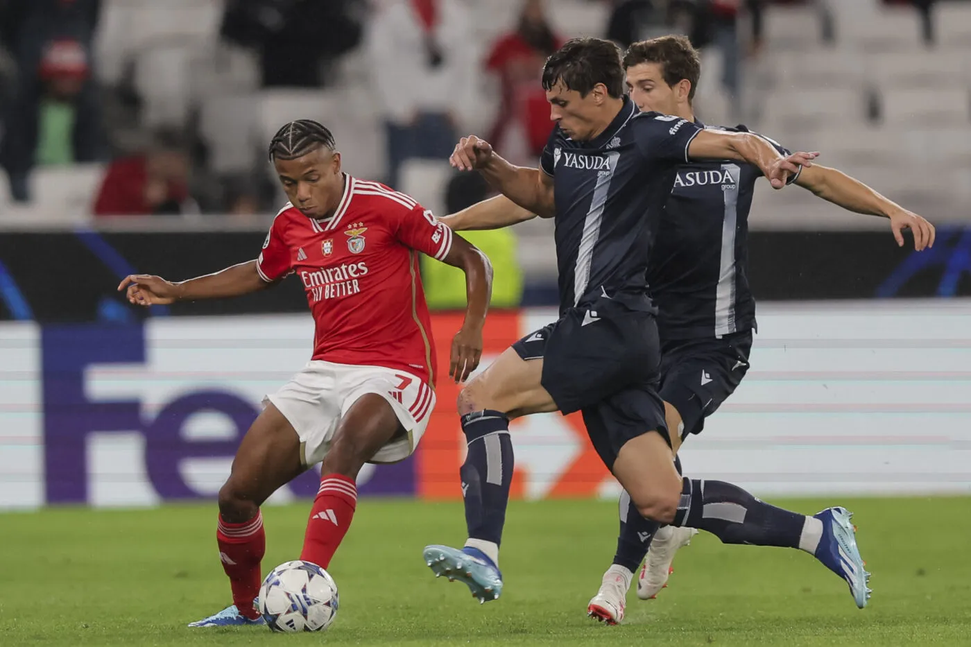 Lisbon, 10/24/2023 - Sport Lisboa e Benfica hosted Real Sociedad de Fútbol, SAD, this evening at the Estádio da Luz, in the 3rd Matchday, Group Stage, Group D, of the Champions League 2023/2024. David Neres; Robin Le Normand (Gerardo Santos / Global Imagens) - Photo by Icon sport