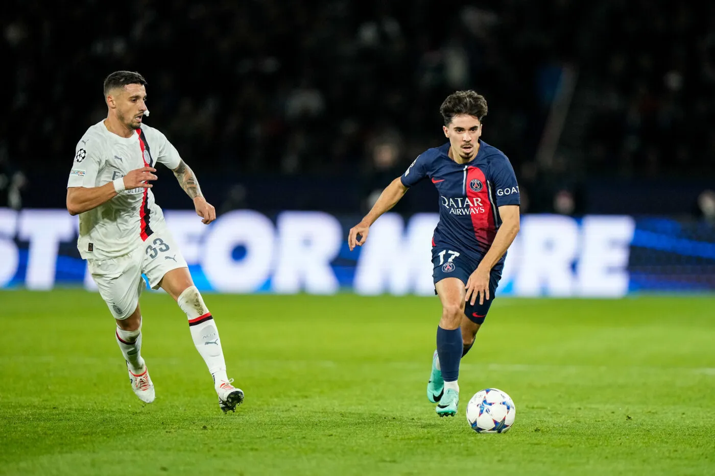 Rade KRUNIC of AC Milan and VITINHA of Paris Saint Germain (PSG) during the UEFA Champions League Group F match between Paris Saint-Germain and AC Milan at Parc des Princes on October 25, 2023 in Paris, France. (Photo by Hugo Pfeiffer/Icon Sport)