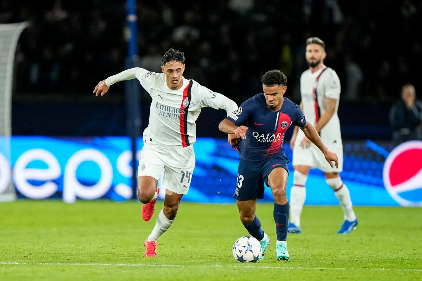 Tijjani REIJNDERS of AC Milan and Warren ZAIRE EMERY of Paris Saint Germain (PSG) during the UEFA Champions League Group F match between Paris Saint-Germain and AC Milan at Parc des Princes on October 25, 2023 in Paris, France. (Photo by Hugo Pfeiffer/Icon Sport)