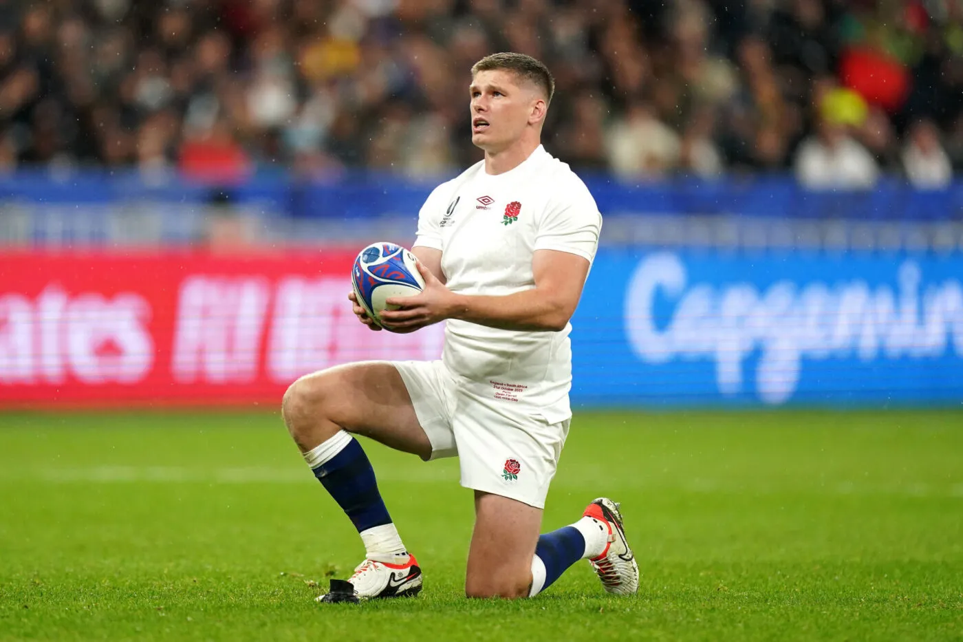 England's Owen Farrell lines up a penalty during the Rugby World Cup, semi final match at the Stade de France, Saint-Denis. Picture date: Friday October 21, 2023. - Photo by Icon sport
