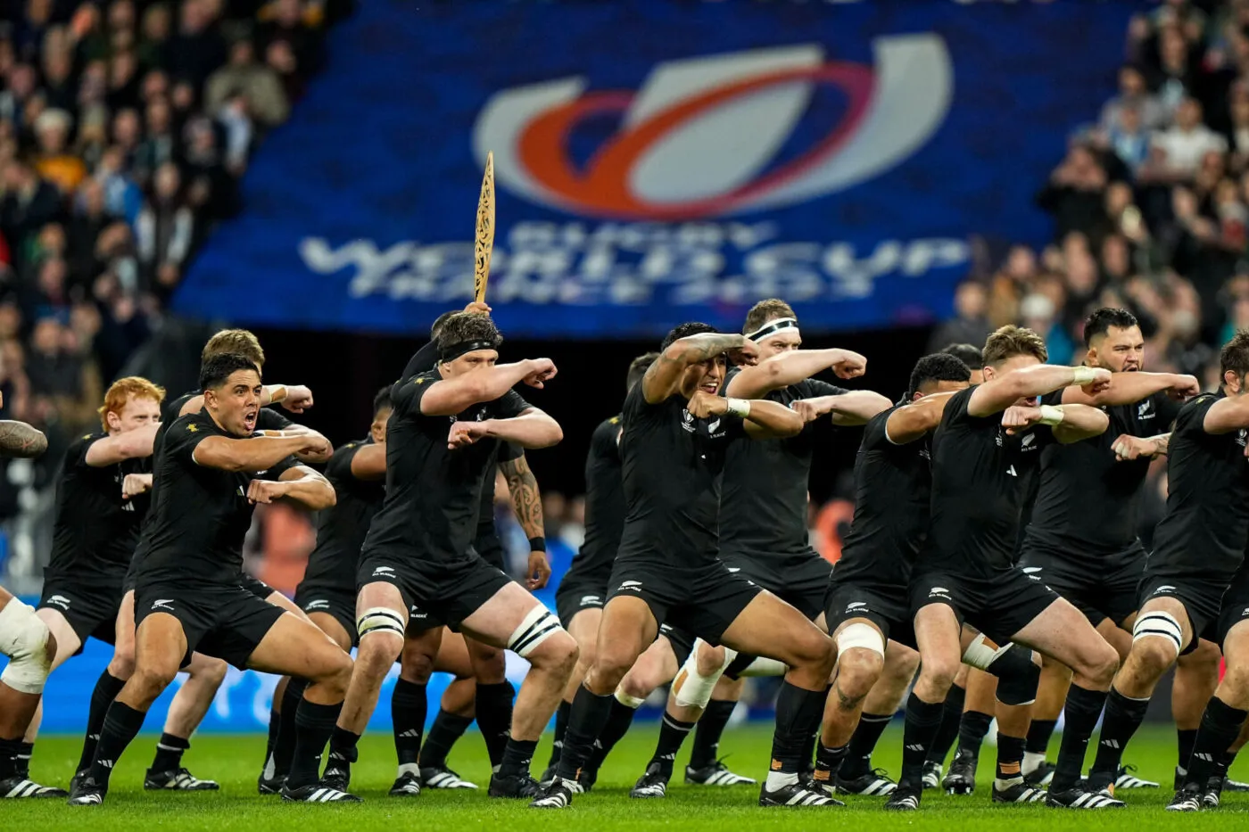 Team of All Blacks performing the HAKA during the Rugby World Cup 2023 Semi-final match between Argentina and New Zealand at Stade de France on October 20, 2023 in Paris, France. (Photo by Hugo Pfeiffer/Icon Sport)