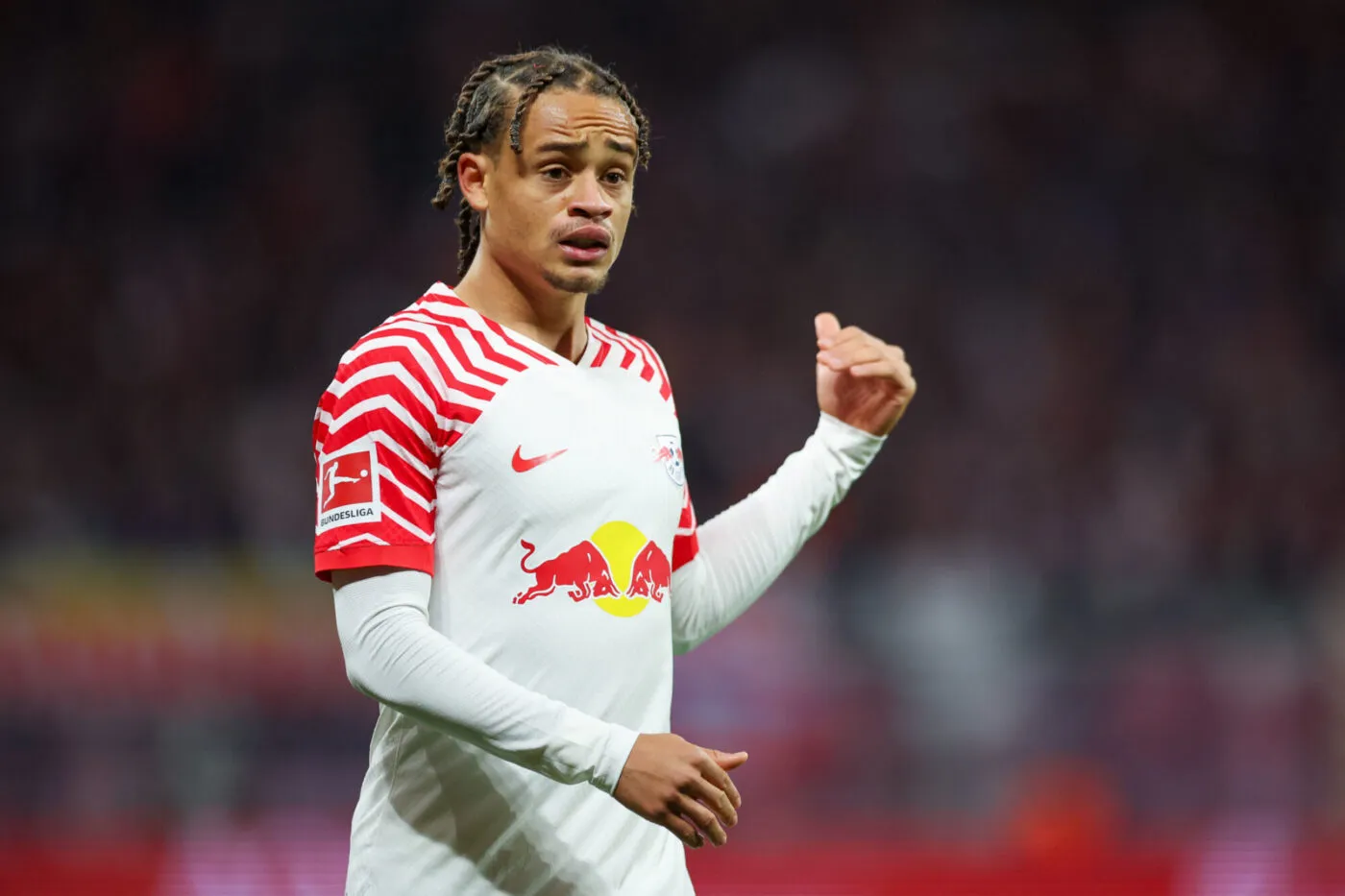 28 October 2023, Saxony, Leipzig: Soccer: Bundesliga, Matchday 9, RB Leipzig - 1. FC Kln at the Red Bull Arena. Leipzig's Xavi Simons gestures. Photo: Jan Woitas/dpa - IMPORTANT NOTE: In accordance with the requirements of the DFL Deutsche Fuball Liga and the DFB Deutscher Fuball-Bund, it is prohibited to use or have used photographs taken in the stadium and/or of the match in the form of sequence pictures and/or video-like photo series. - Photo by Icon sport