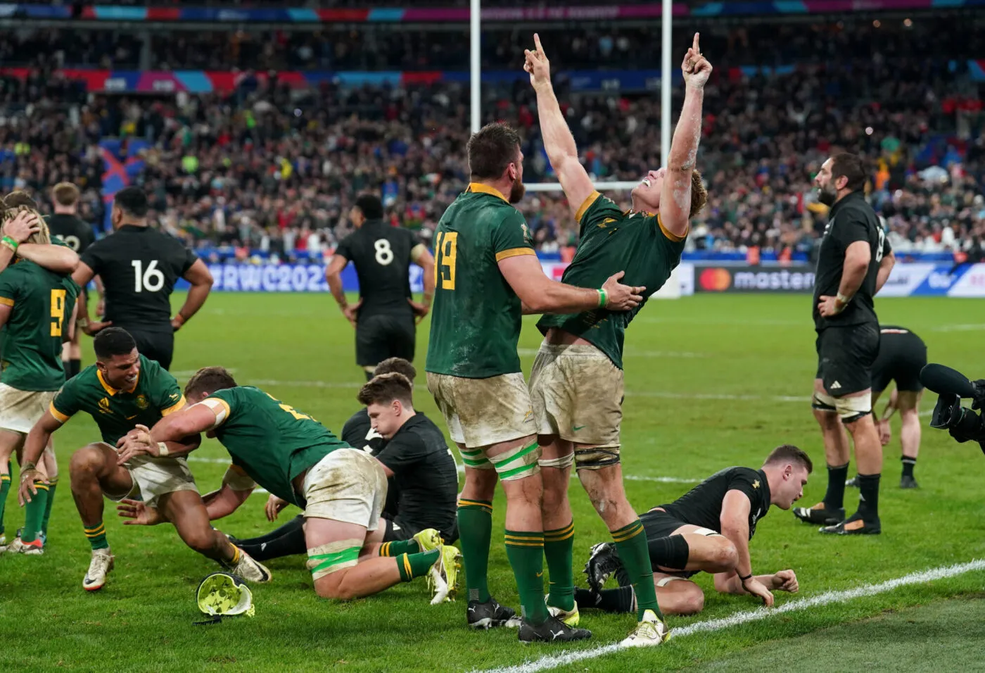 South Africa's Jean Kleyn (left) and Pieter-Steph Du Toit celebrate victory after the final whistle following the Rugby World Cup 2023 final match at the Stade de France in Paris, France. Picture date: Saturday October 28, 2023. - Photo by Icon sport