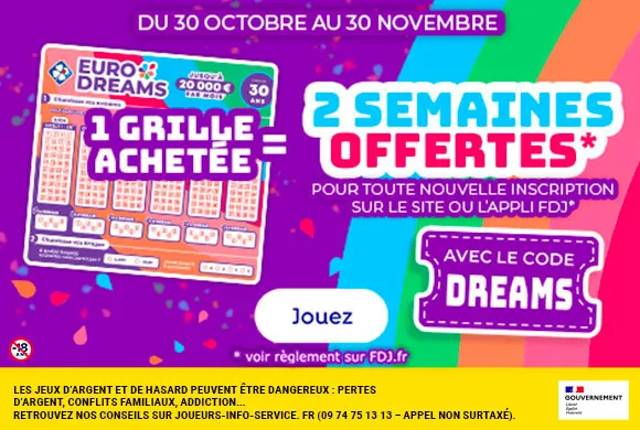 EURODREAMS : 4 grilles offertes pour tenter de gagner jusqu&rsquo;à 20 000€ par mois pendant 30 ans au nouveau jeu de tirage FDJ !