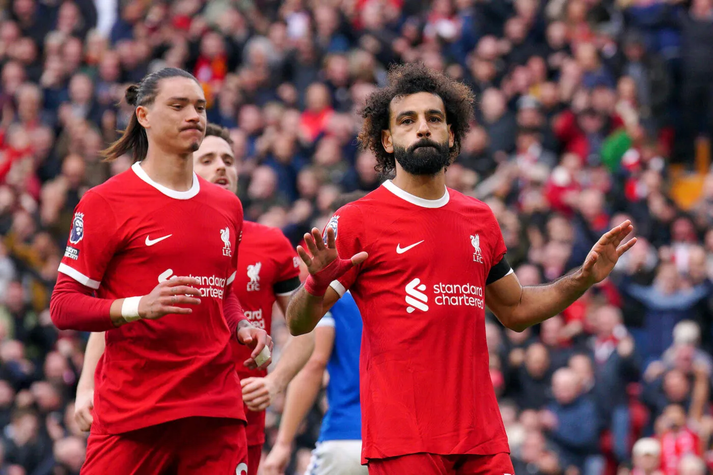 Liverpool's Mohamed Salah celebrates scoring their side's first goal of the game from the penalty spot during the Premier League match at Anfield, Liverpool. Picture date: Saturday October 21, 2023. - Photo by Icon sport