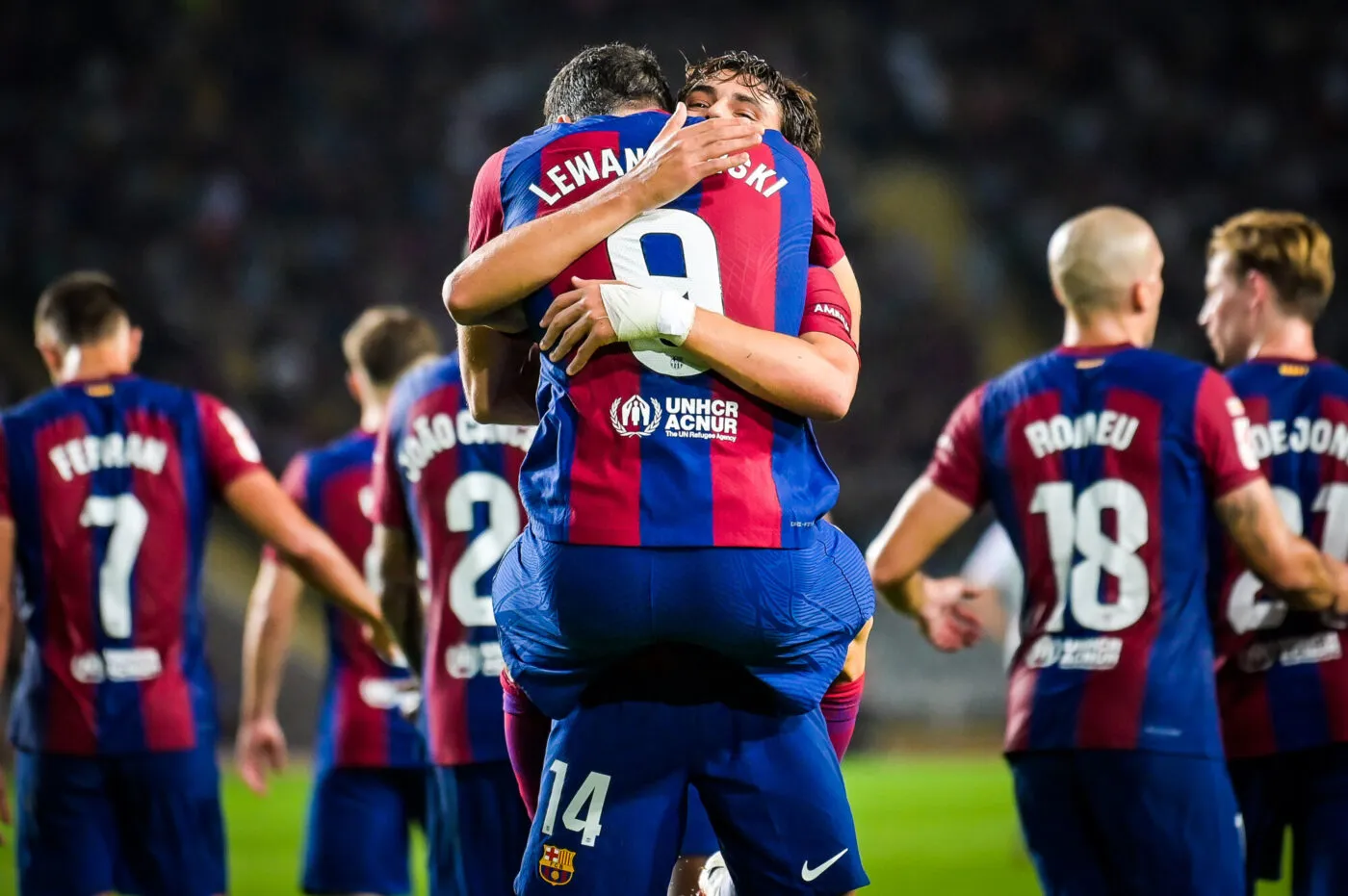 Robert Lewandowski (FC Barcelona) celebrates after scoring his team's goal with team mates during a La Liga EA Sports match between FC Barcelona and Real Betis Balompie at Estadi Olimpic Lluis Companys, in Barcelona, ,Spain on September 16, 2023. (Photo / Felipe Mondino)
