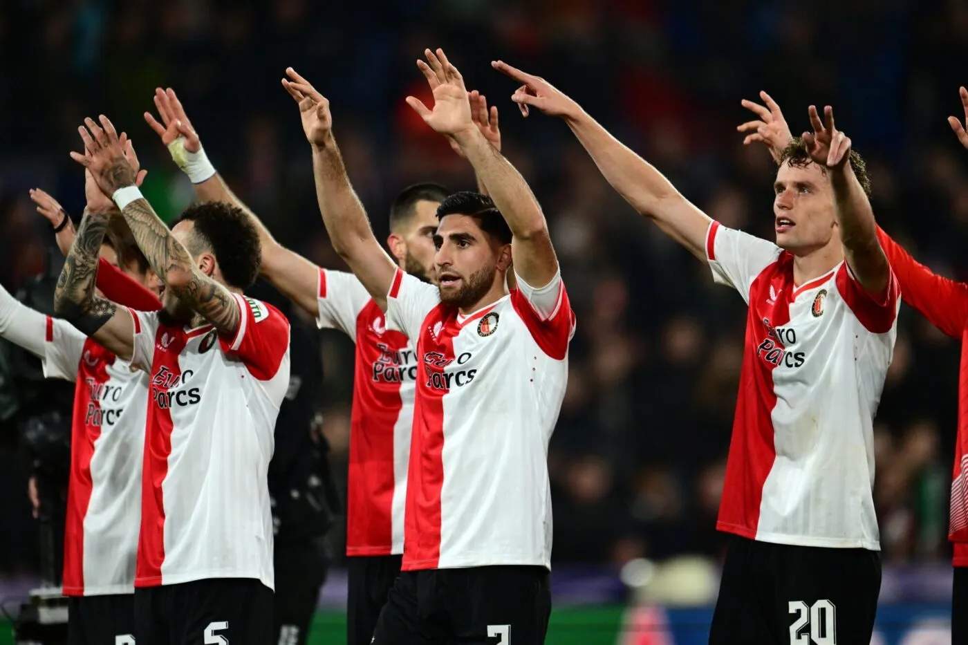 ROTTERDAM - (l-r) Alireza Jahanbaksh of Feyenoord, Mats Wieffer of Feyenoord celebrate the 3-1 victory after the UEFA Champions League match in group E between Feyenoord and Lazio Roma at Feyenoord Stadium de Kuip on October 25, 2023 in Rotterdam, the Netherlands. ANP OLAF KRAAK - Photo by Icon sport