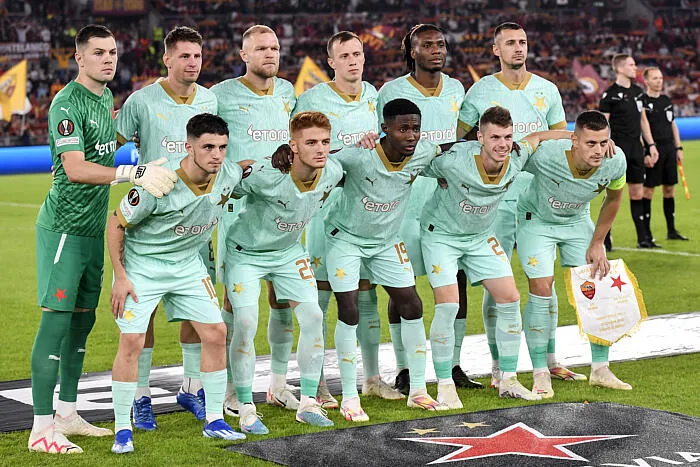 Slavia Prague players pose for a team photo during the Europa League Group G football match between AS Roma and SK Slavia Prague at Olimpico stadium in Rome (Italy), October 26th, 2023. || 278672_0031  as roma europa league FOOTBALL SOCCER sport UEFA