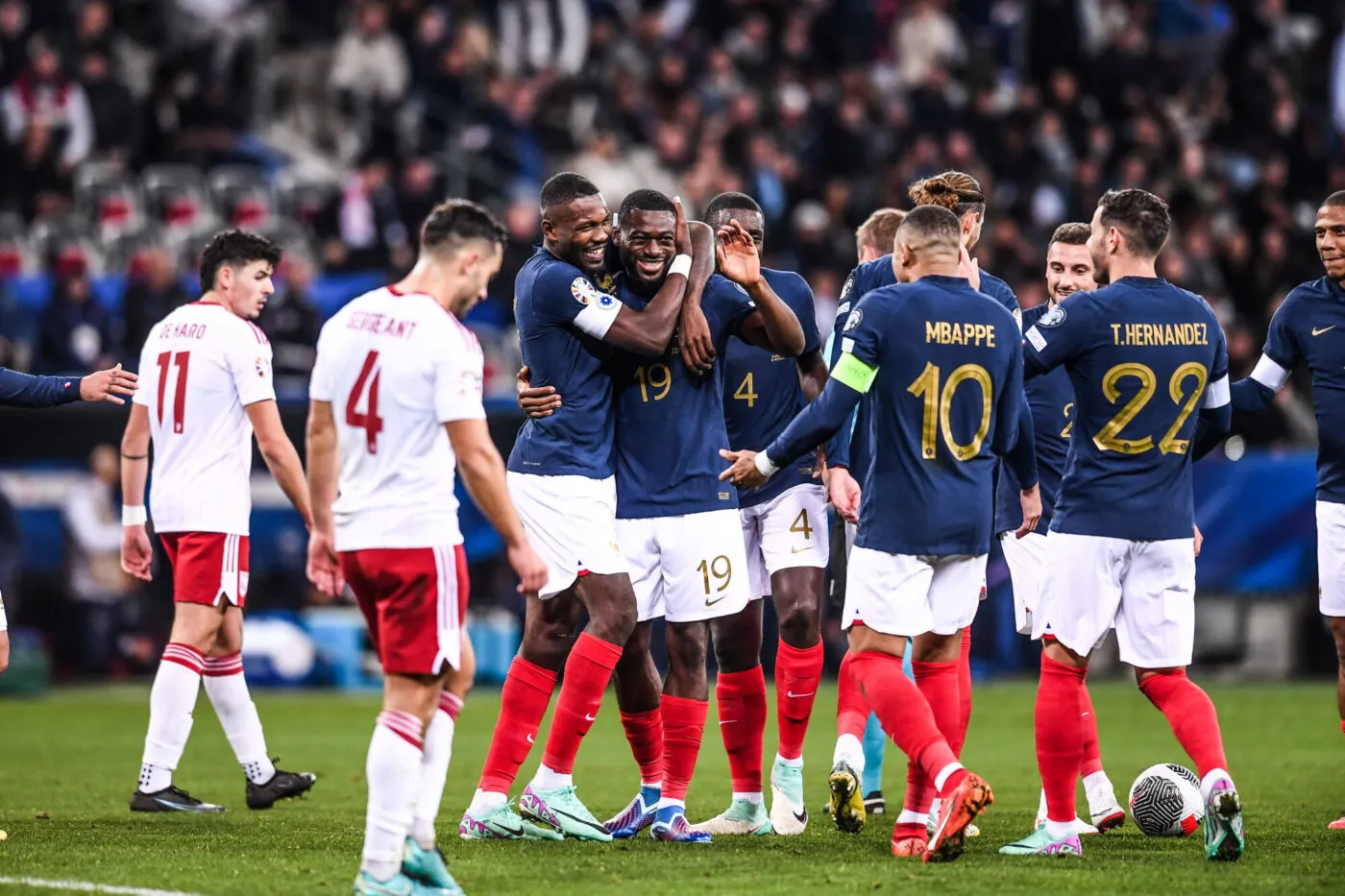 Youssouf FOFANA of France celebrates his goal with Marcus THURAM during the UEFA Euro 2024, qualifications match between France and Gibraltar at Allianz Riviera on November 18, 2023 in Nice, France. (Photo by Philippe Lecoeur/FEP/Icon Sport)