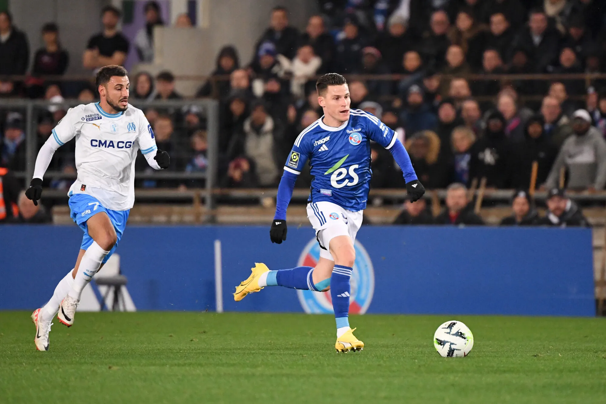 07 Jonathan CLAUSS (om) - 09 Kevin GAMEIRO (rcsa) during the Ligue 1 Uber Eats match between Racing Club de Strasbourg Alsace and Olympique de Marseille at Stade de la Meinau on November 25, 2023 in Strasbourg, France. (Photo by Anthony Bibard/FEP/Icon Sport)