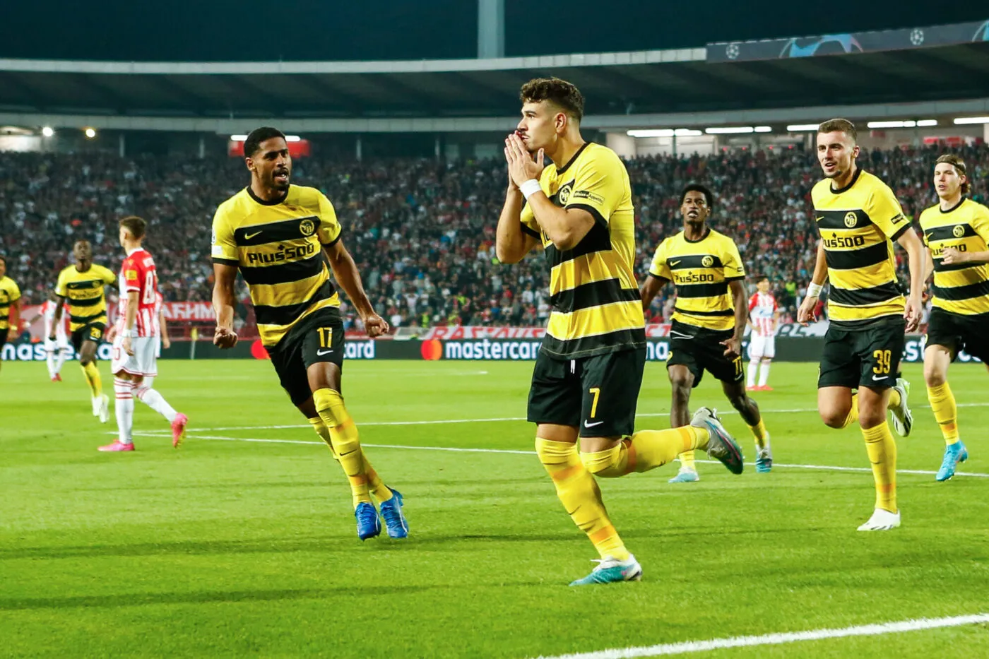 BELGRADE, SERBIA - OCTOBER 4: Filip Ugrinic of Young Boys (C) celebrates his goal during the UEFA Champions League Group Stage Group G match between FK Crvena zvezda and Young Boys at Stadion Rajko Mitic on October 4, 2023 in Belgrade, Serbia. 