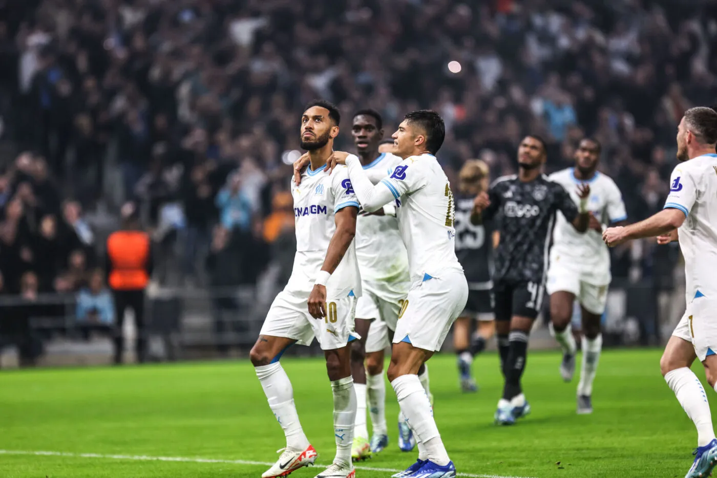 Pierre-Emerick AUBAMEYANG of Marseille celebrates his goal with Angel CORREA during the UEFA Europa League groupe B match between Olympique Marseille v Amsterdamsche Football Club Ajax at Orange Velodrome on November 30, 2023 in Marseille, France. (Photo by Johnny Fidelin/Icon Sport)