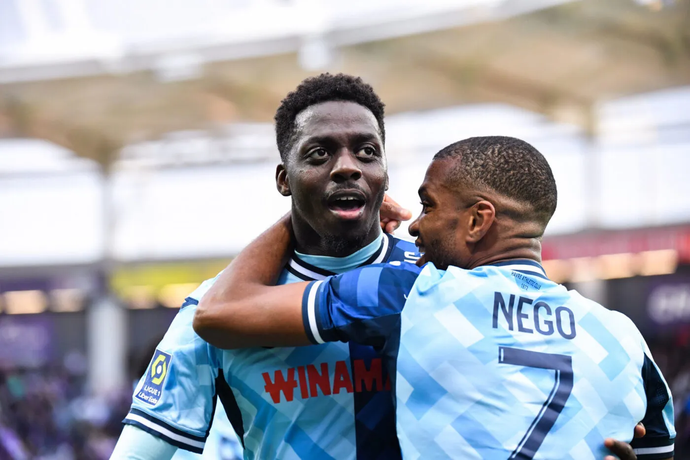 Mohamed BAYO of Le Havre celebrates his goal during the Ligue 1 Uber Eats match between Toulouse Football Club and Havre Athletic Club at Stadium de Toulouse on November 5, 2023 in Toulouse, France. (Photo by Sandra Ruhaut/Icon Sport)