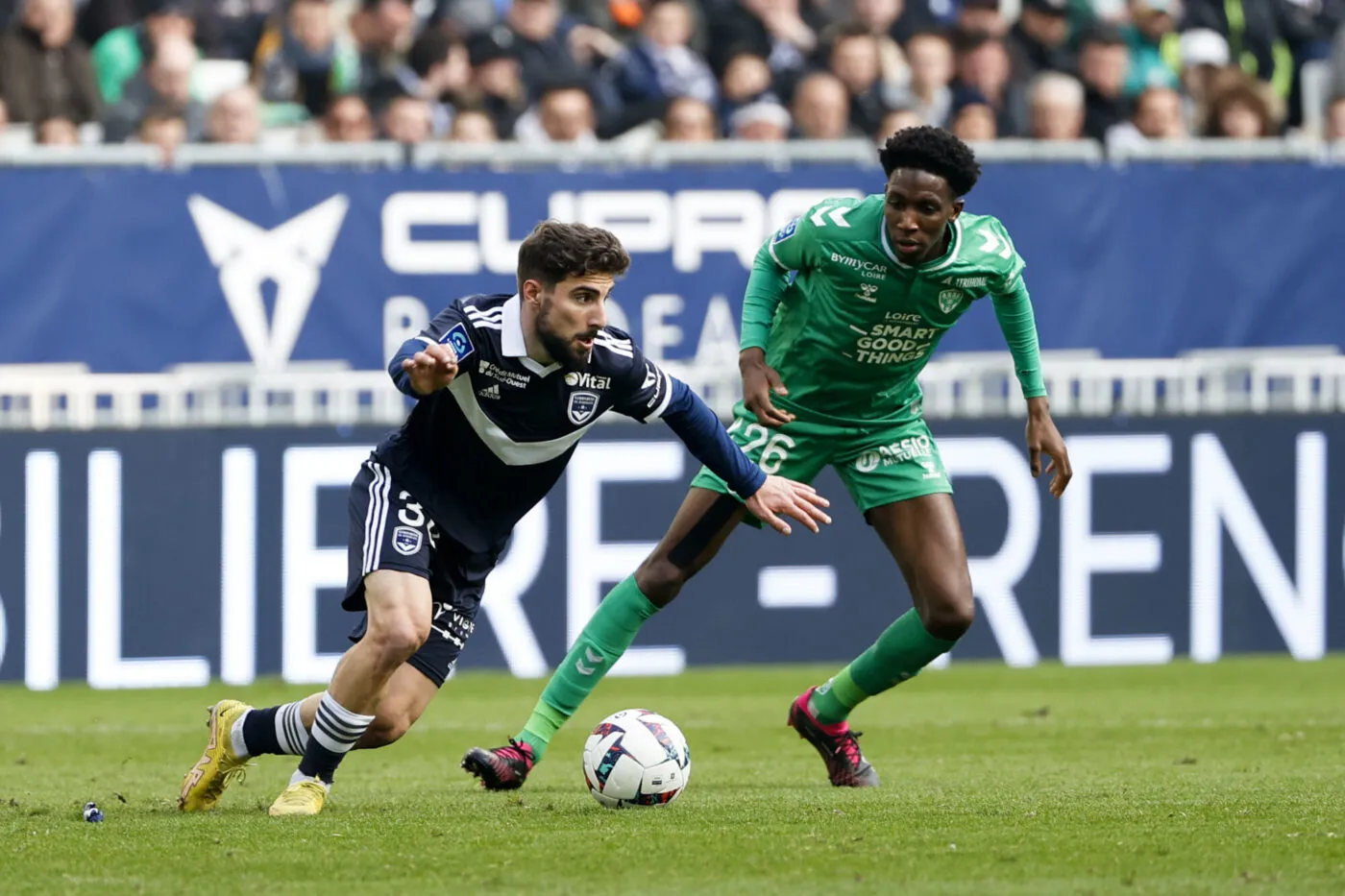 26 Lamine FOMBA (asse) - 30 Zuriko DAVITASHVILI (fcgb) during the Ligue 2 BKT match between Bordeaux and Saint Etienne at Stade Matmut Atlantique on March 4, 2023 in Bordeaux, France. (Photo by Romain Perrocheau/FEP/Icon Sport)