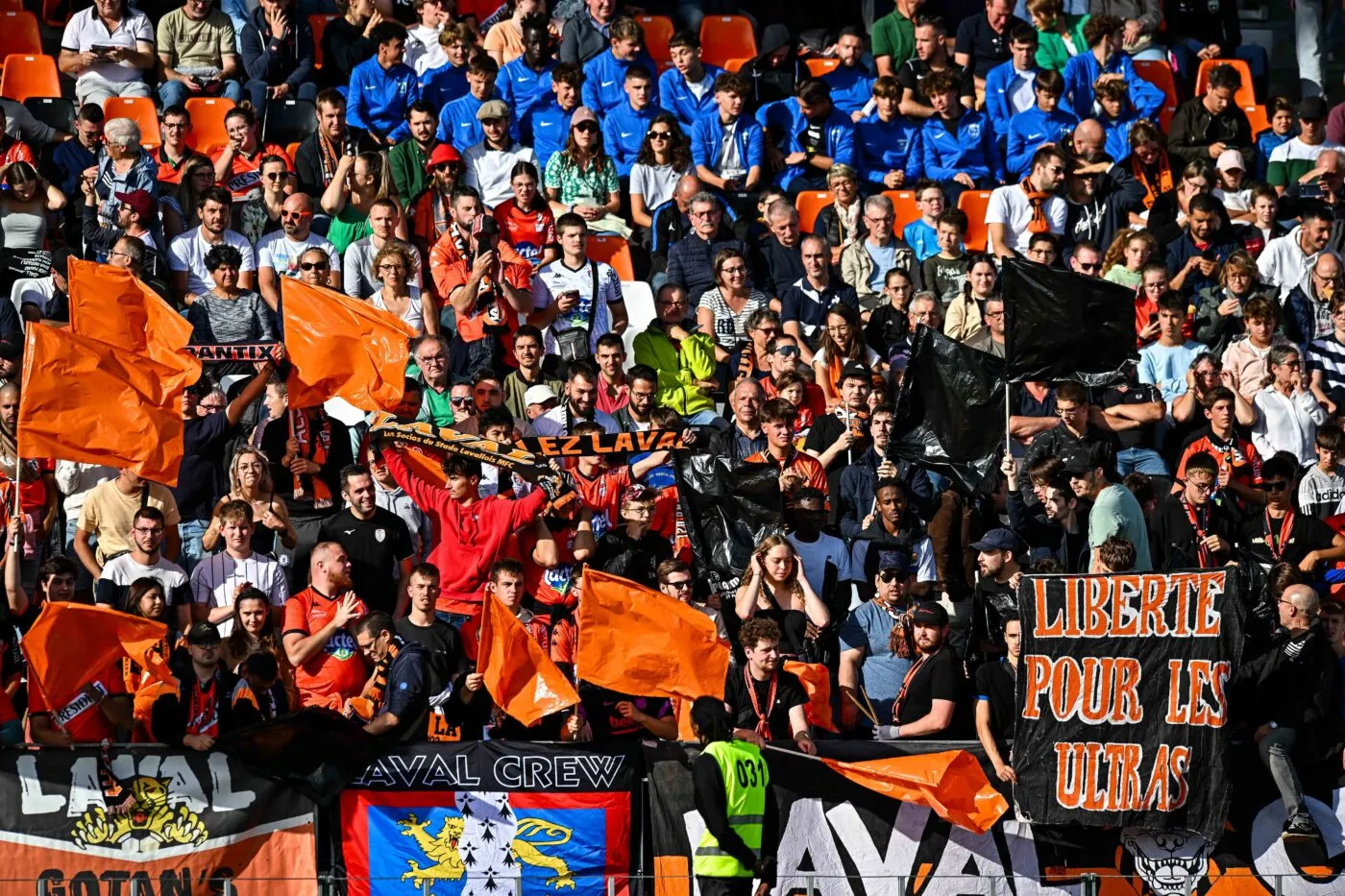 Fans of Laval during the French Ligue 2 BKT soccer match between Laval and Angers SCO at Stade Francis-Le Basser on August 5, 2023 in Laval, France. (Photo by Baptiste Fernandez/Icon Sport)