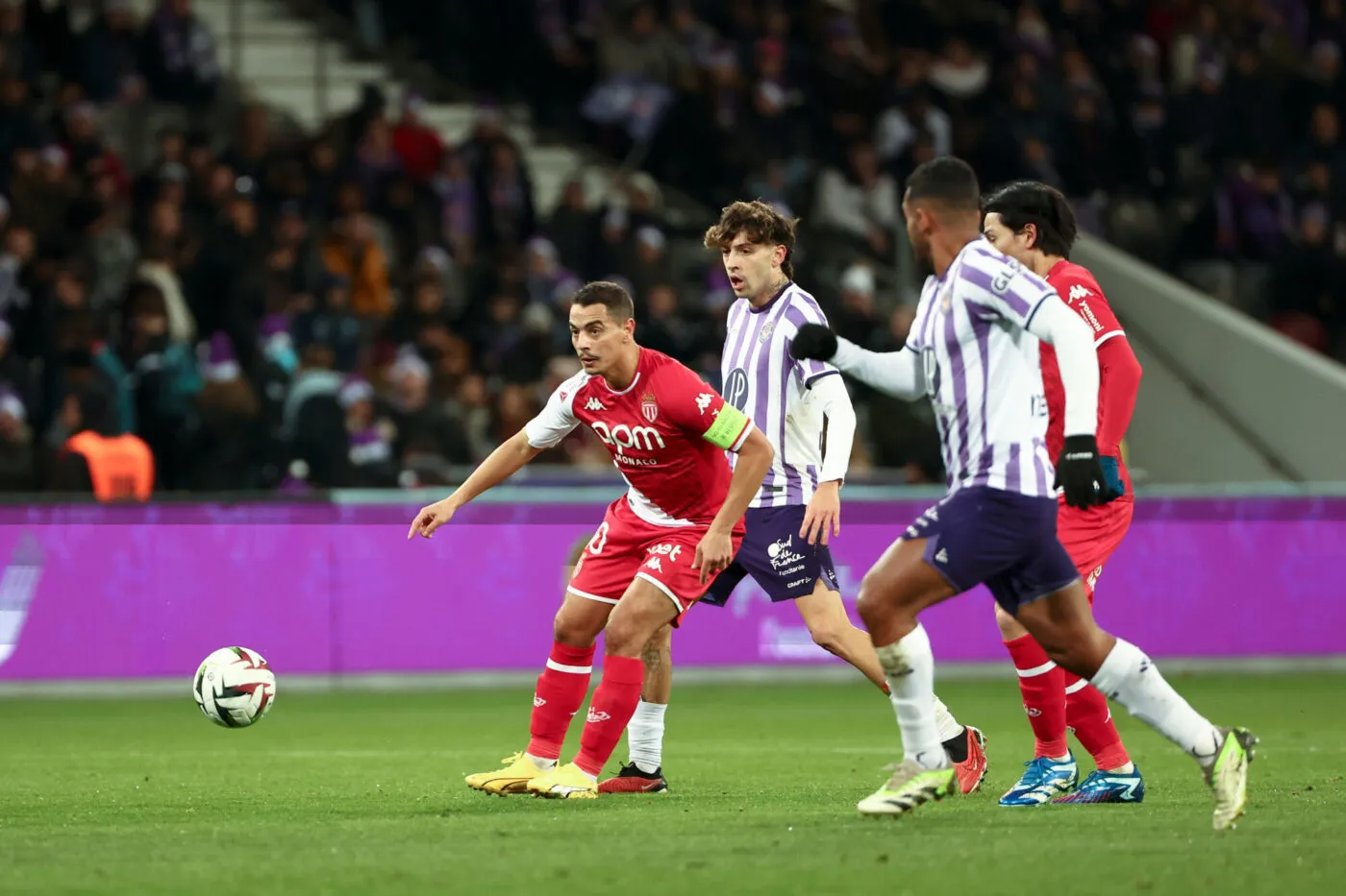 11 Cesar GELABERT (tfc) - 10 Wissam BEN YEDDER (asm) during the Ligue 1 Uber Eats match between Toulouse Football Club and Association Sportive de Monaco Football Club at Stadium de Toulouse on December 20, 2023 in Toulouse, France. (Photo by Romain Perrocheau/FEP/Icon Sport)