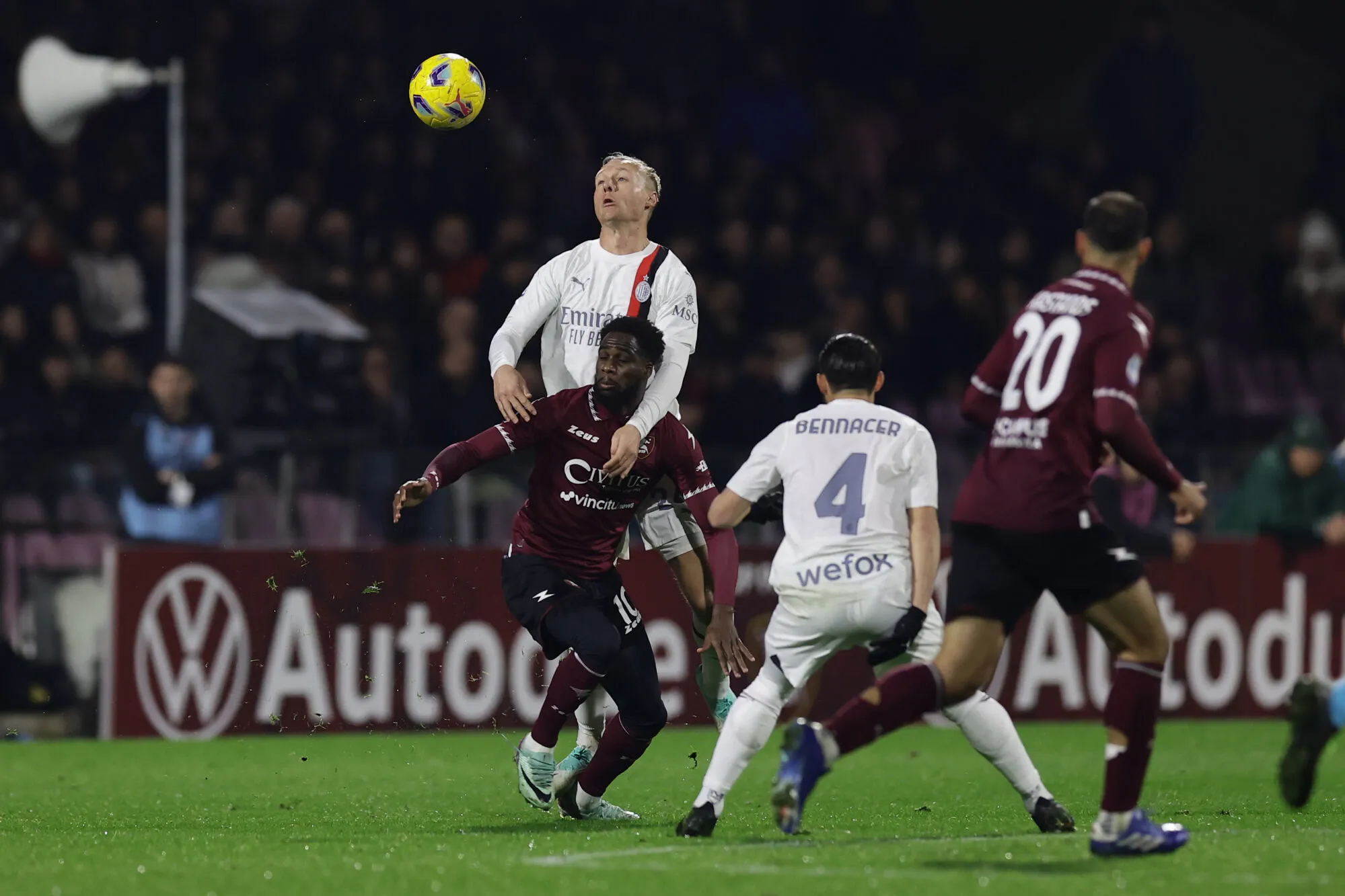 Salernitana's Senegalese forward Boulaye Dia challenges for the ball with Milan’s Danish defender Simon Kjaer during the Serie A football match between Unione Sportiva Salernitana vs AC Milan at the Arechi Stadium in Salerno on December 22, 2023. - Photo by Icon sport