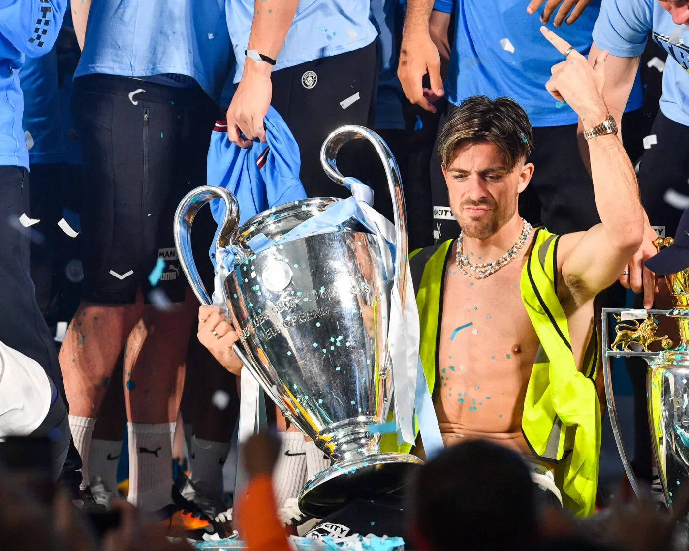 Jack Grealish of Manchester City during their Treble winning Victory Parade ending at the Town Hall, Manchester. Picture date: 12th June 2023. Picture credit should read: Gary Oakley/Sportimage - Photo by Icon sport