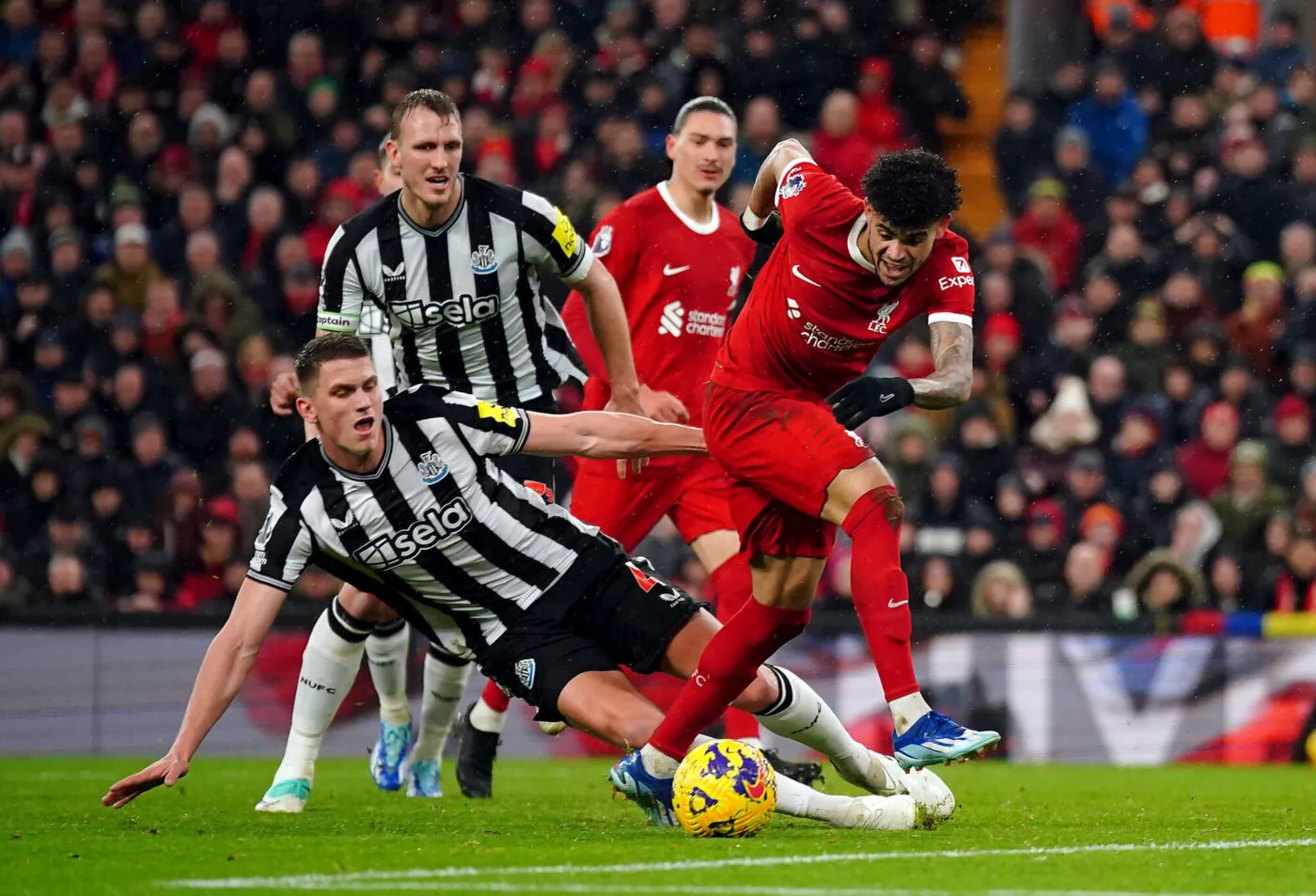 Newcastle United's Sven Botman concedes a penalty for a foul on Liverpool's Luis Diaz during the Premier League match at Anfield, Liverpool. Picture date: Monday January 1, 2024.   - Photo by Icon sport