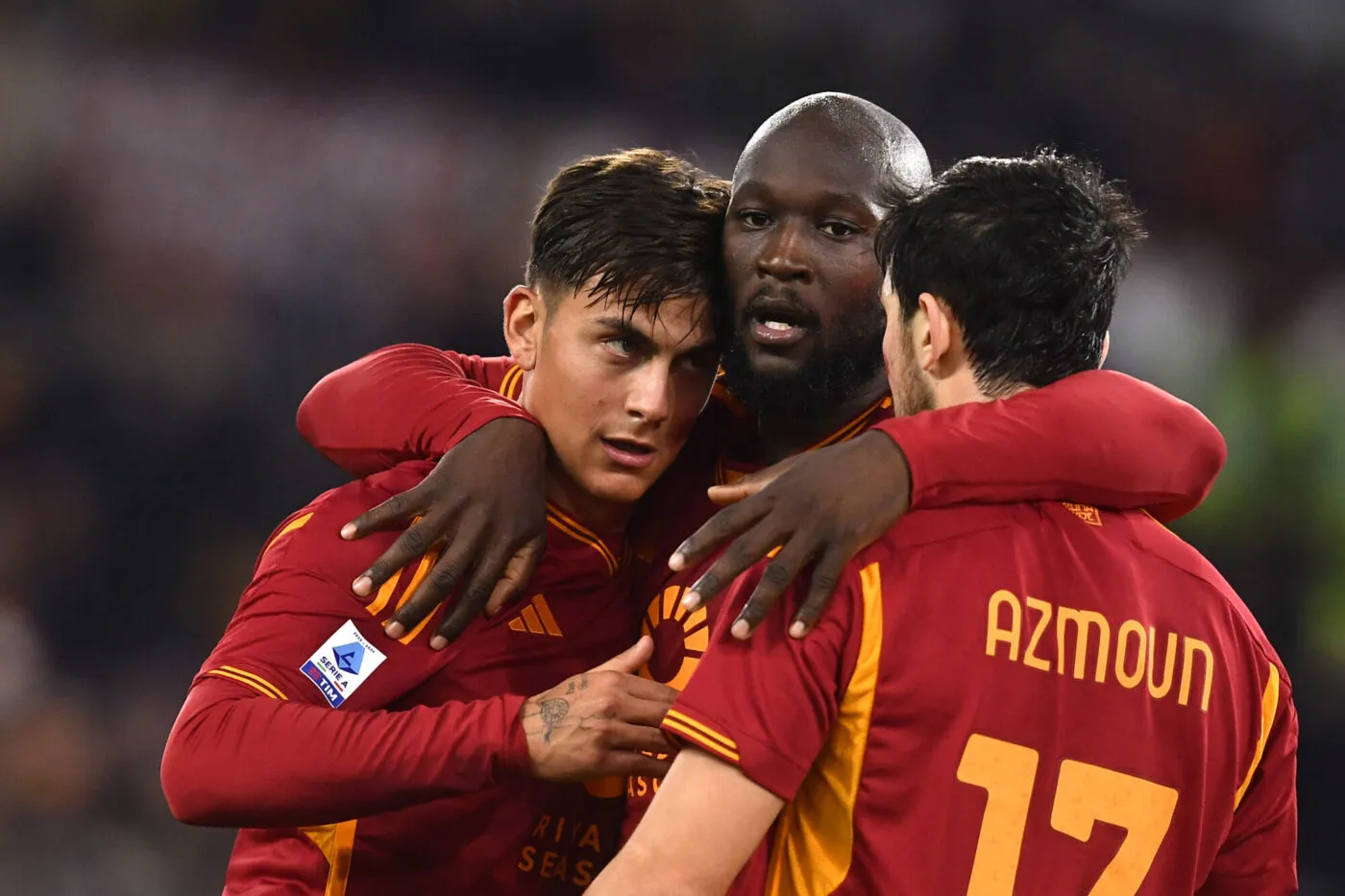 Paulo Dybala of AS Roma celebrates with Romelu Lukaku and Sardar Azmoun after scoring the goal of 2-1 during the Serie A football match between AS Roma and Udinese Calcio at Olimpico stadium in Rome (Italy), November 26th, 2023./Sipa USA No Sales in Italy - Photo by Icon sport