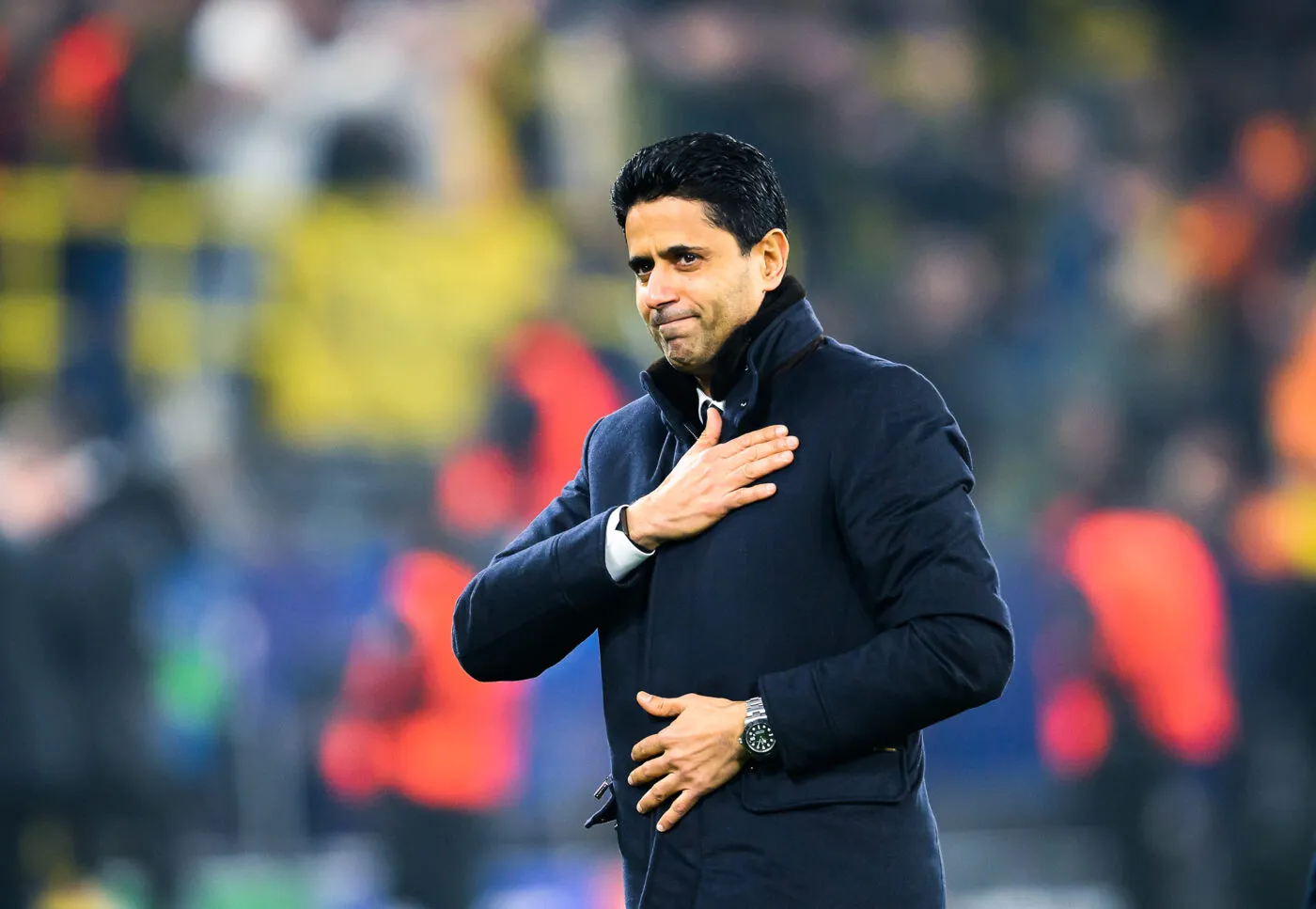 Jubel Nasser AL-KHELAIFI (Vorstand/ CEO, PSG) nach dem Spiel, schlaegt sich mit der hand auf sein herz, Gestik, Geste Fussball Champions League, Vorrunde, 6.Spieltag, Borussia Dortmund (DO) - Paris St. Germain (PSG), am 13.12.2023 in Dortmund/ Deutschland. #UEFA regulations prohibit any use of photographs as image sequences and/or quasi-video # 