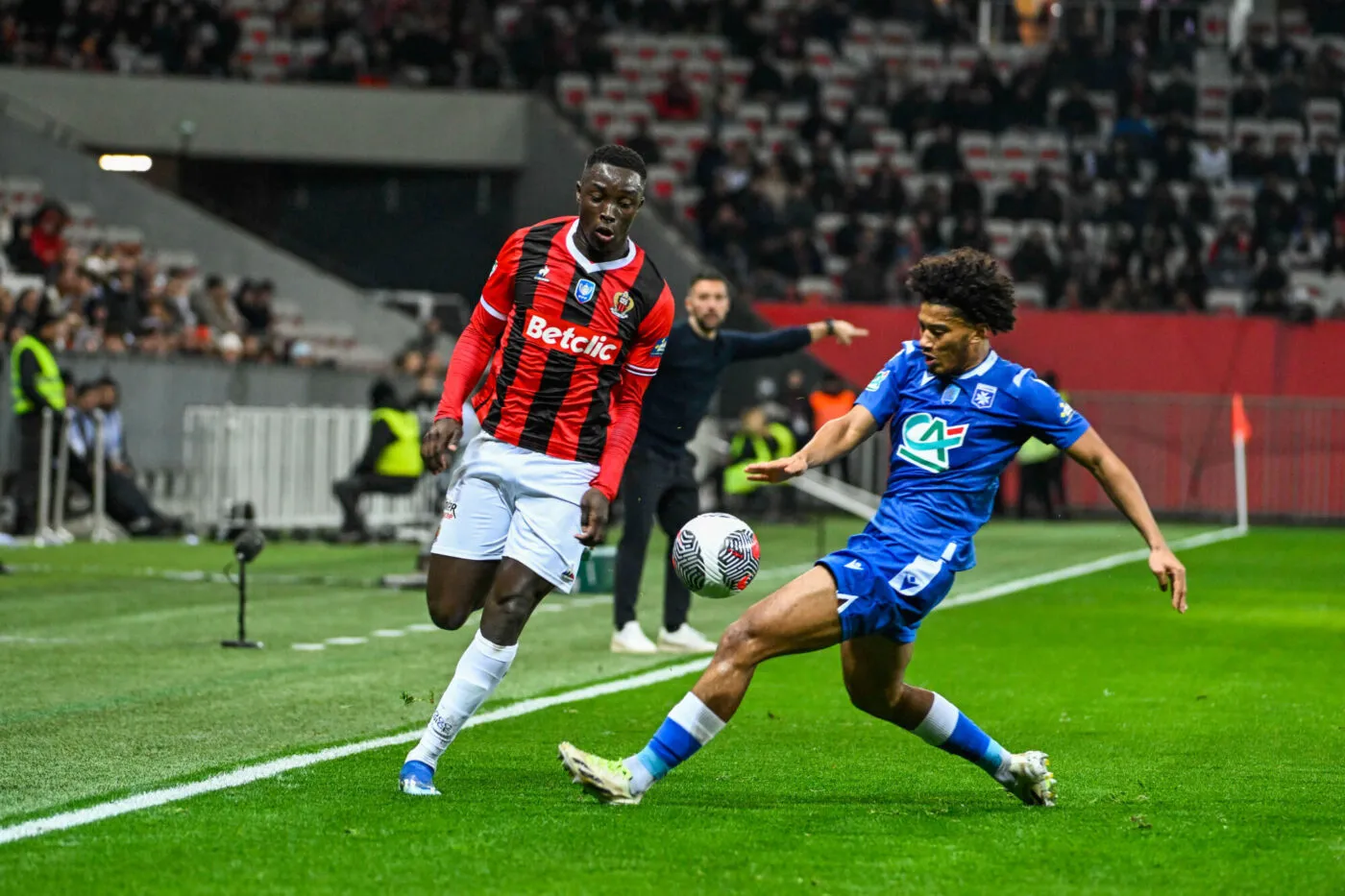Antoine MENDY of Nice and Clement AKPA of AJA during the French Cup match between Olympique Gymnaste Club Nice and Association de la Jeunesse Auxerroise at Allianz Riviera Stadium on January 6, 2024 in Nice, France. (Photo by Pascal Della Zuana/Icon Sport)