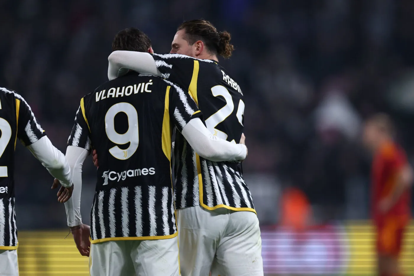 Adrien Rabiot of Juventus Fc celebrates after scoring his team's first goal with team mate Dusan Vlahovic of Juventus Fc during the Serie A match beetween Juventus Fc and As Roma at Allianz Stadium on December 30, 2023 in Turin, Italy . (Photo by sportinfoto/DeFodi Images) - Photo by Icon sport