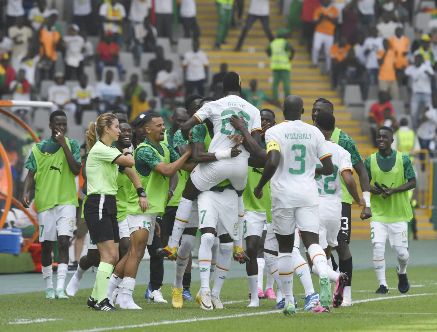 Pape Alassane Gueye of Senegal celebrates goal with teammates during the 2023 Africa Cup of Nations match between Senegal and Gambia at Charles Konan Stadium inYamoussoukro on the 15 January 2024 - Photo by Icon Sport