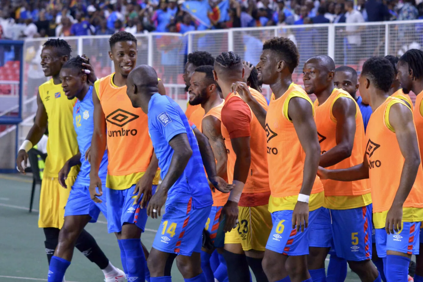 D.R. Congo players celebrates goal scored by Yoane Wissa during the 2026 FIFA World Cup Qualifiers between D.R. Congo and Mauritania at Stade des Martyrs in Kinshasa, Democratic Republic of the Congo on 15 November 2023 - Photo by Icon sport